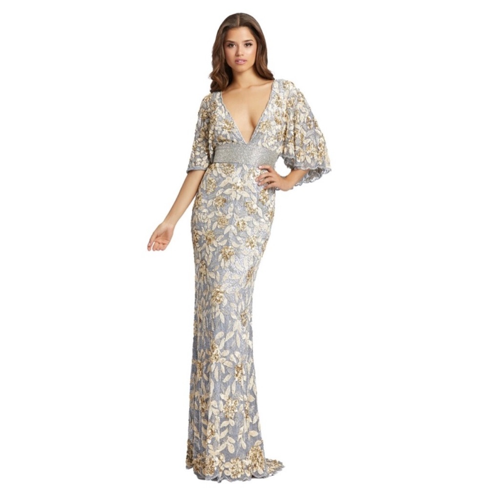 MAC DUGGAL PLATINUM GOLD FLOUNCE SLEEVE SEQUINED GOWN 20 - Picture 1 of 6